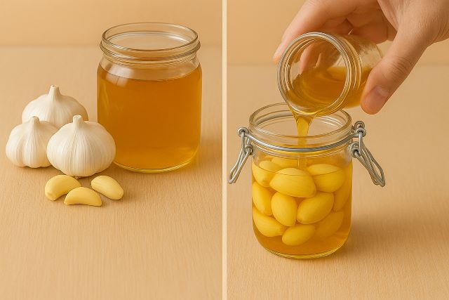 Sơ chế sạch tỏi sau đó cho vào lọ rồi đổ mật ong vào ngập tỏi Sơ chế sạch tỏi sau đó cho vào lọ rồi đổ mật ong vào ngập tỏi