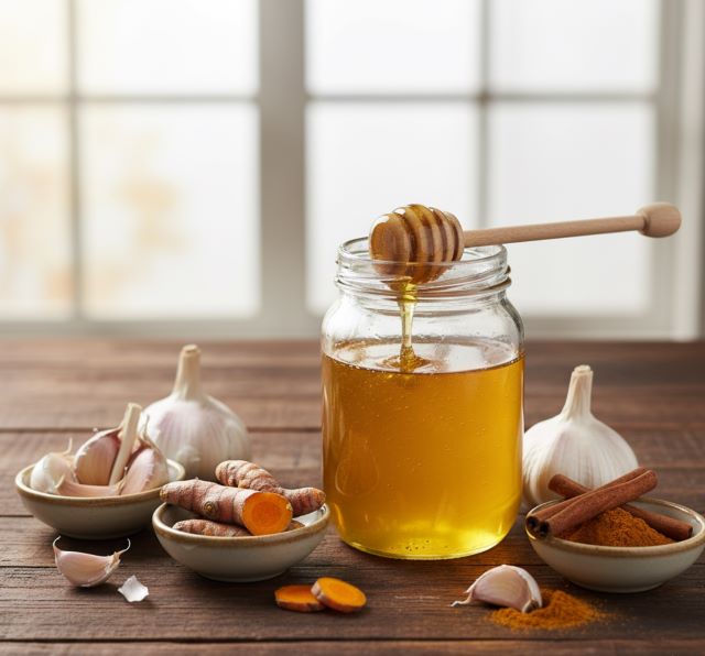 Kết hợp mật ong với các nguyên liệu khác như tỏi, nghệ, quế Kết hợp mật ong với các nguyên liệu khác như tỏi, nghệ, quế