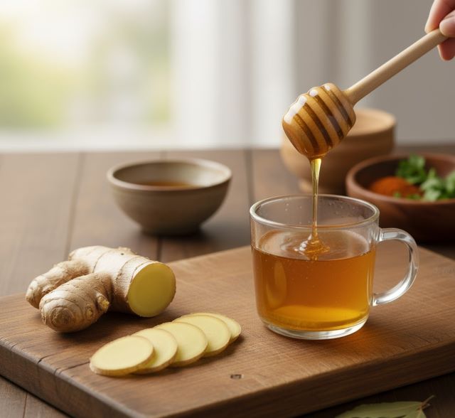 Pha mật ong vào ly nước trà gừng vừa nấu Pha mật ong vào ly nước trà gừng vừa nấu